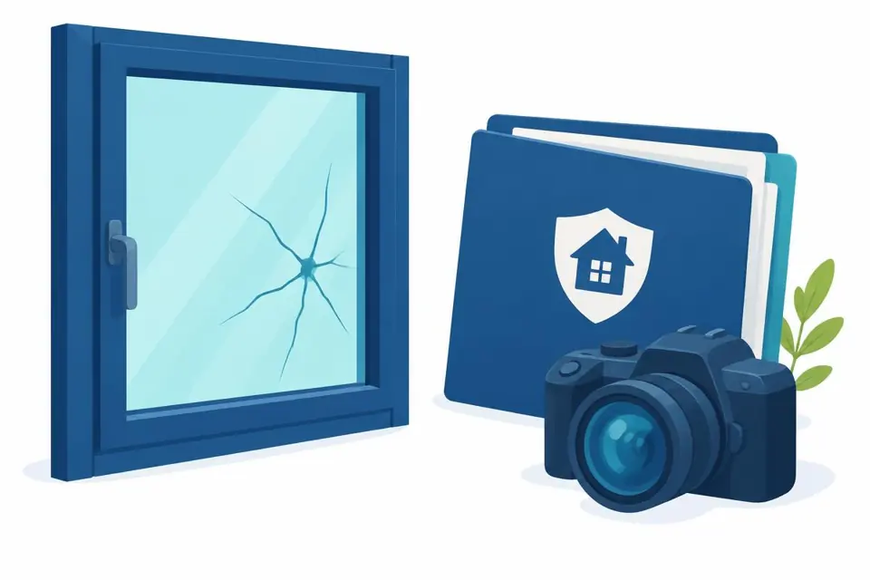 Illustration : vitre fissurée, dossier d'assurance et appareil photo