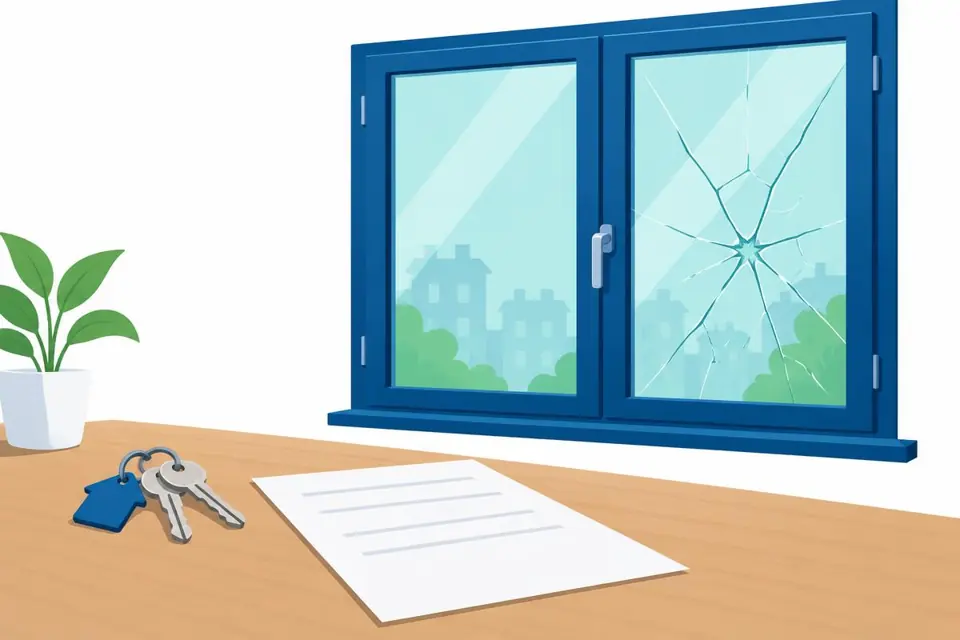 Illustration : fenêtre fissurée dans un logement, clés et document