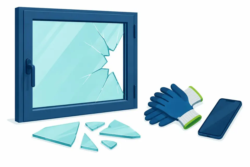 Illustration : fenêtre cassée, gants de protection et téléphone